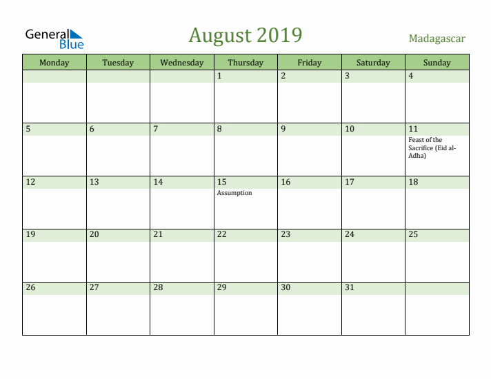 August 2019 Calendar with Madagascar Holidays