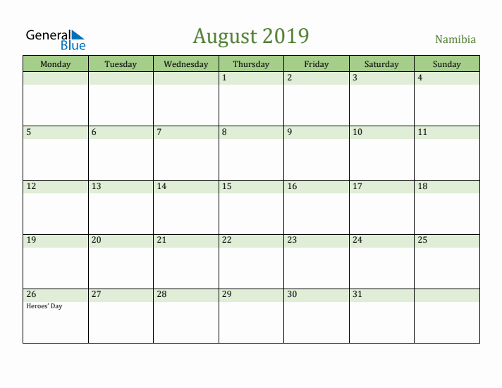 August 2019 Calendar with Namibia Holidays