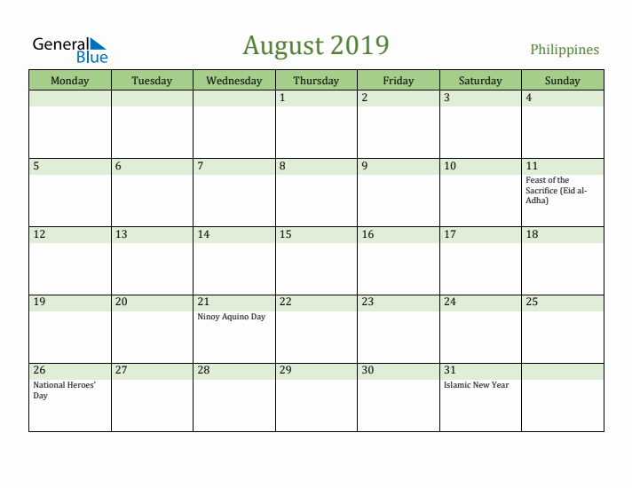 August 2019 Calendar with Philippines Holidays