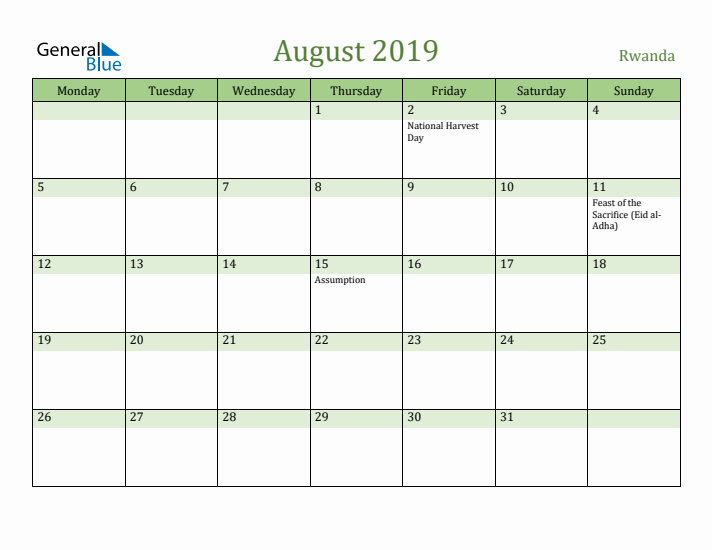 August 2019 Calendar with Rwanda Holidays