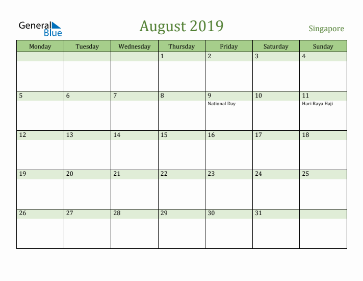 August 2019 Calendar with Singapore Holidays