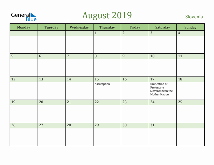 August 2019 Calendar with Slovenia Holidays