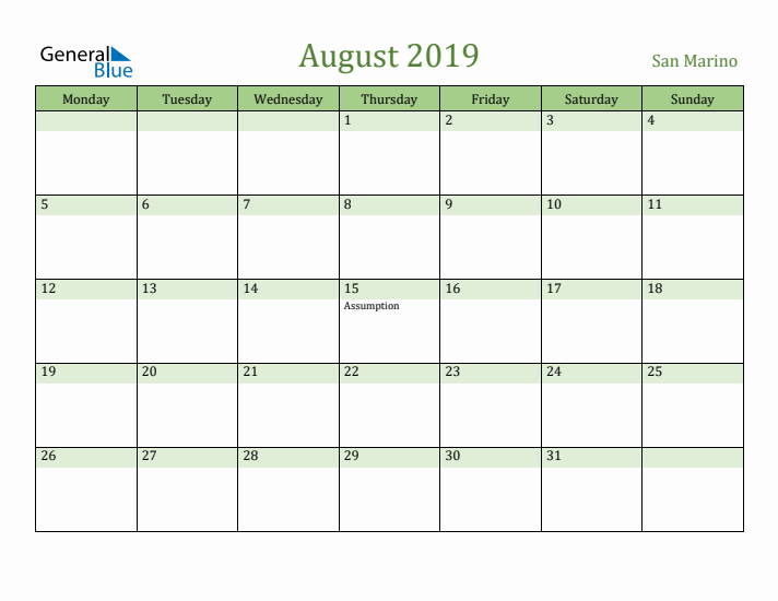 August 2019 Calendar with San Marino Holidays