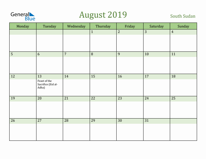 August 2019 Calendar with South Sudan Holidays