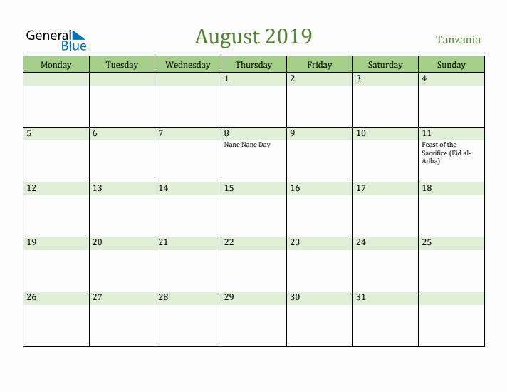 August 2019 Calendar with Tanzania Holidays