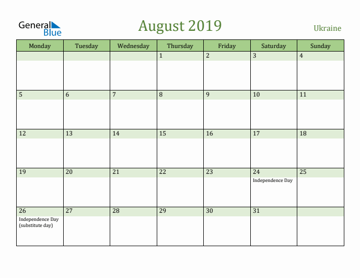 August 2019 Calendar with Ukraine Holidays