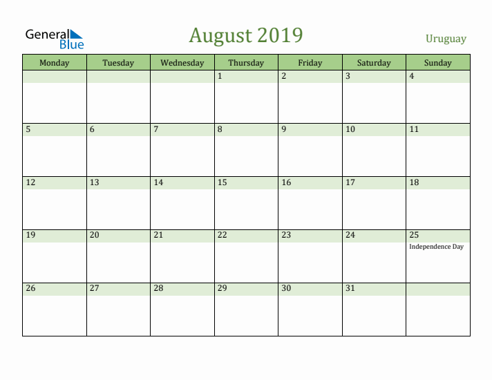 August 2019 Calendar with Uruguay Holidays