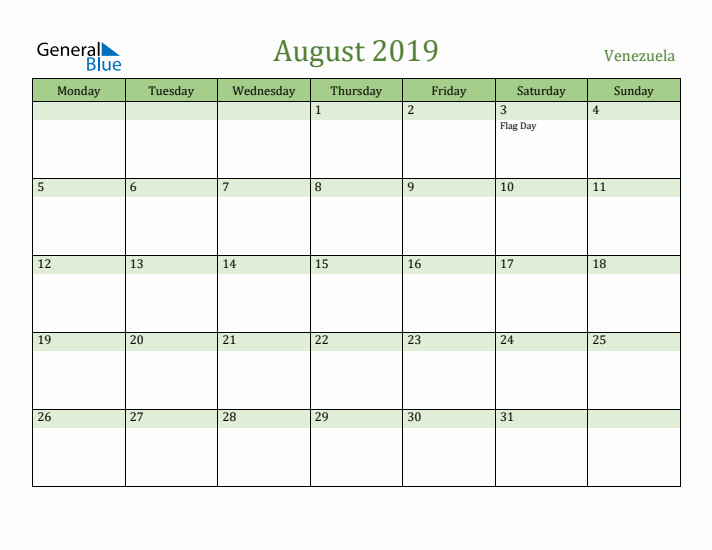 August 2019 Calendar with Venezuela Holidays