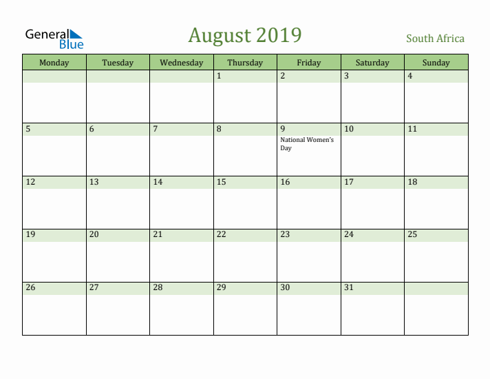 August 2019 Calendar with South Africa Holidays