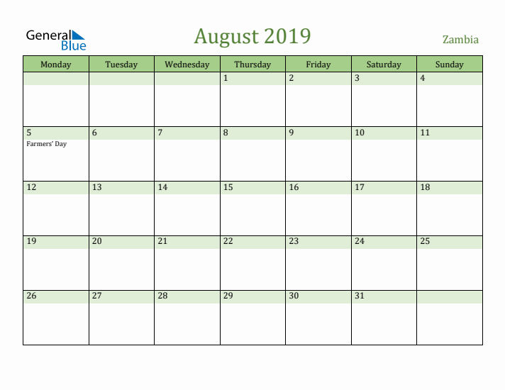 August 2019 Calendar with Zambia Holidays