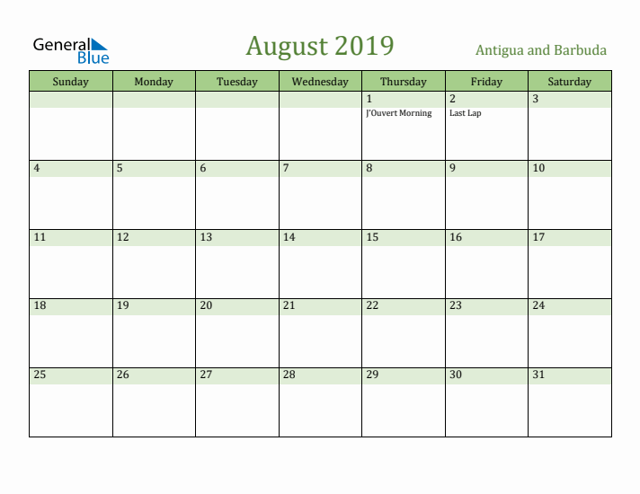 August 2019 Calendar with Antigua and Barbuda Holidays
