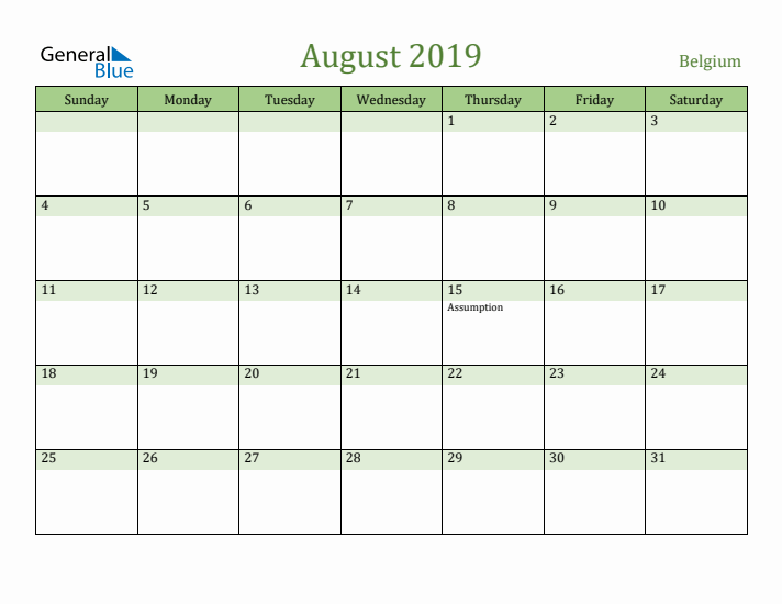 August 2019 Calendar with Belgium Holidays