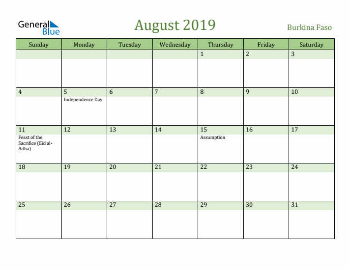 August 2019 Calendar with Burkina Faso Holidays
