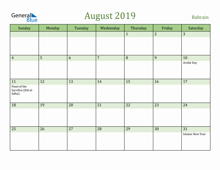 August 2019 Calendar with Bahrain Holidays