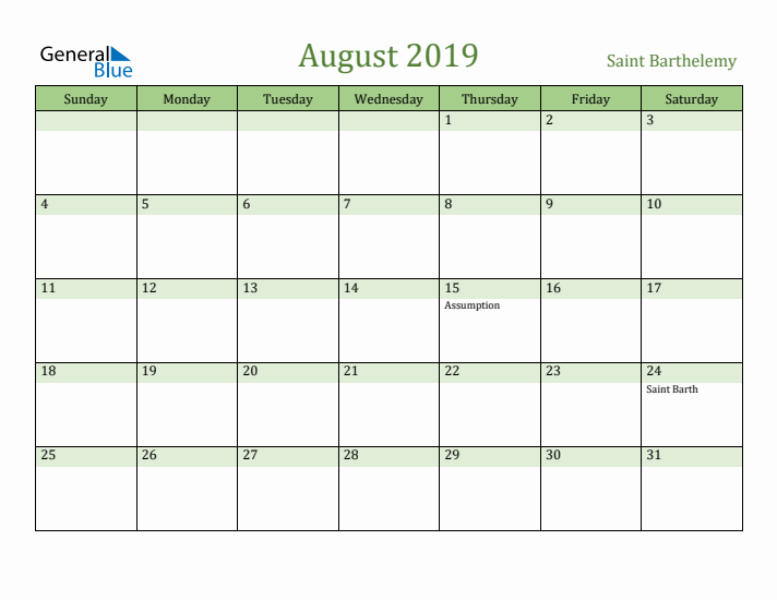 August 2019 Calendar with Saint Barthelemy Holidays