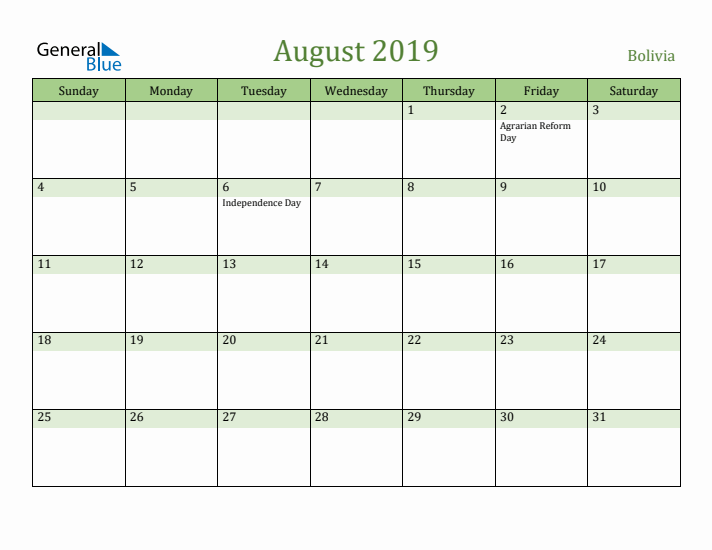 August 2019 Calendar with Bolivia Holidays