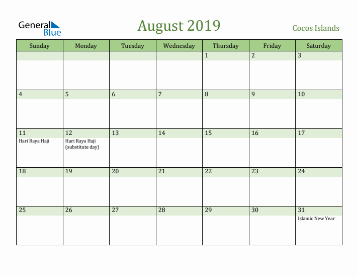 August 2019 Calendar with Cocos Islands Holidays