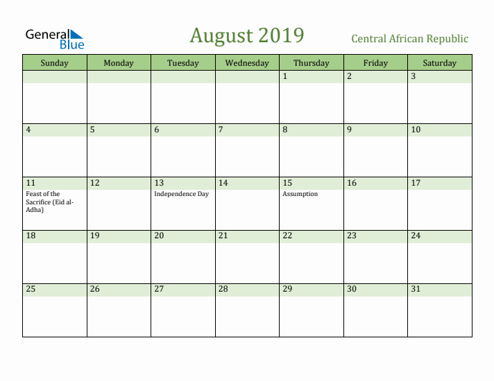 August 2019 Calendar with Central African Republic Holidays