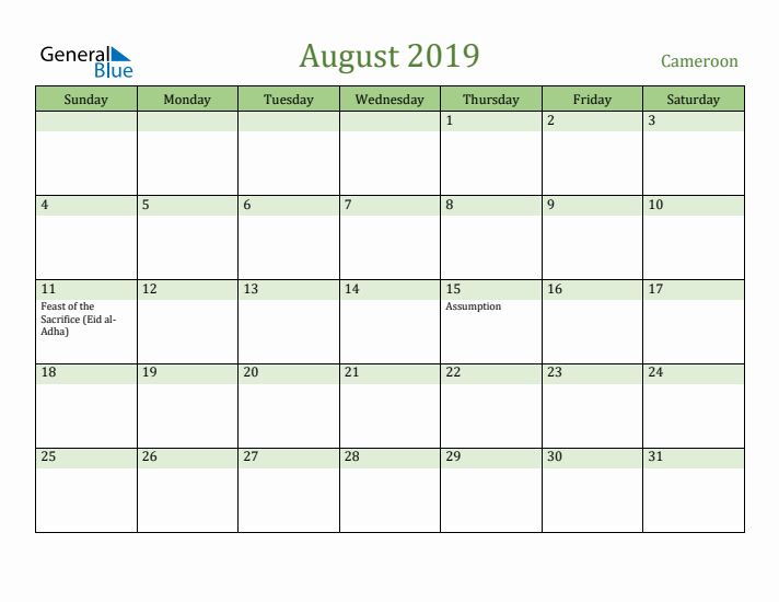 August 2019 Calendar with Cameroon Holidays