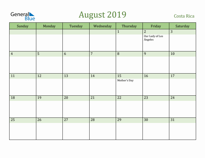 August 2019 Calendar with Costa Rica Holidays