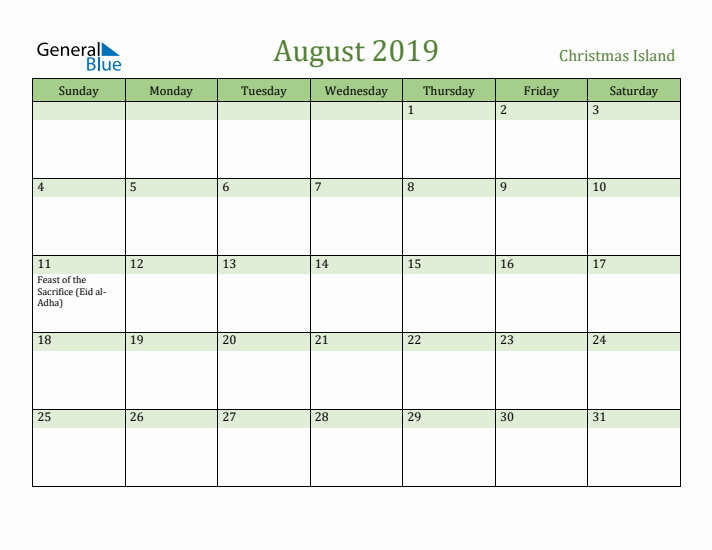 August 2019 Calendar with Christmas Island Holidays