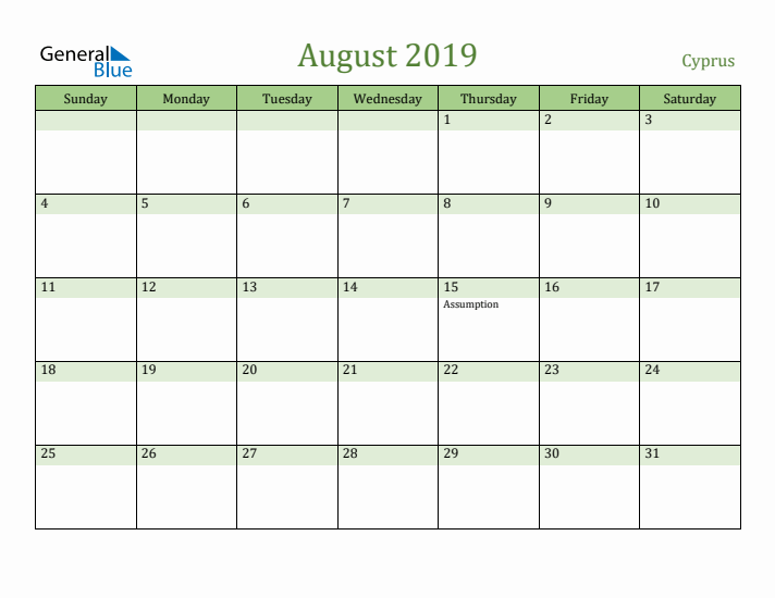 August 2019 Calendar with Cyprus Holidays