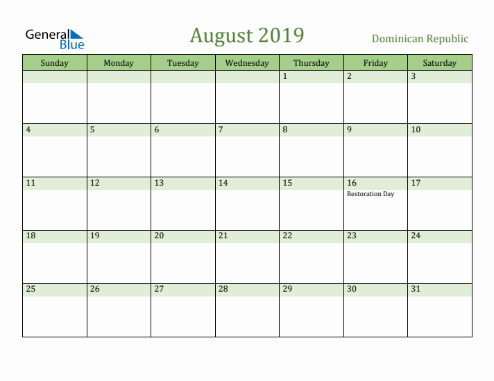 August 2019 Calendar with Dominican Republic Holidays