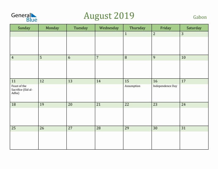 August 2019 Calendar with Gabon Holidays