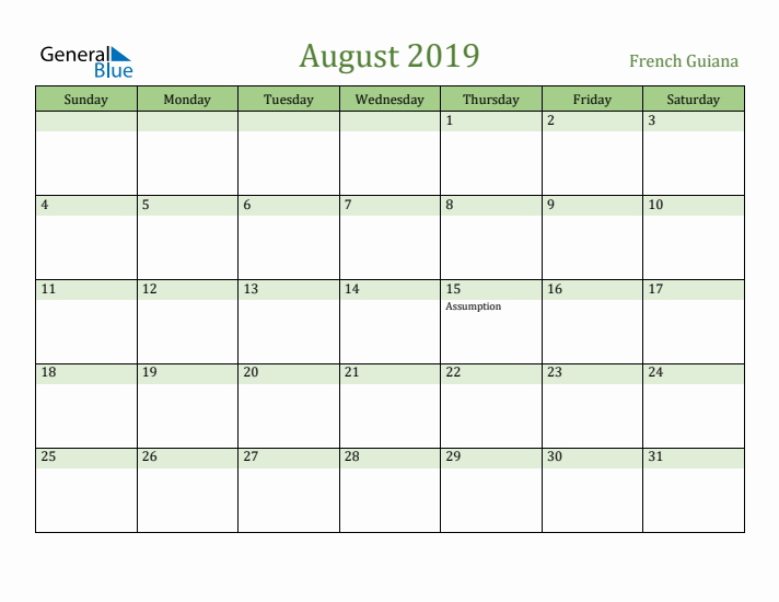 August 2019 Calendar with French Guiana Holidays