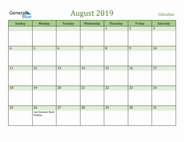August 2019 Calendar with Gibraltar Holidays