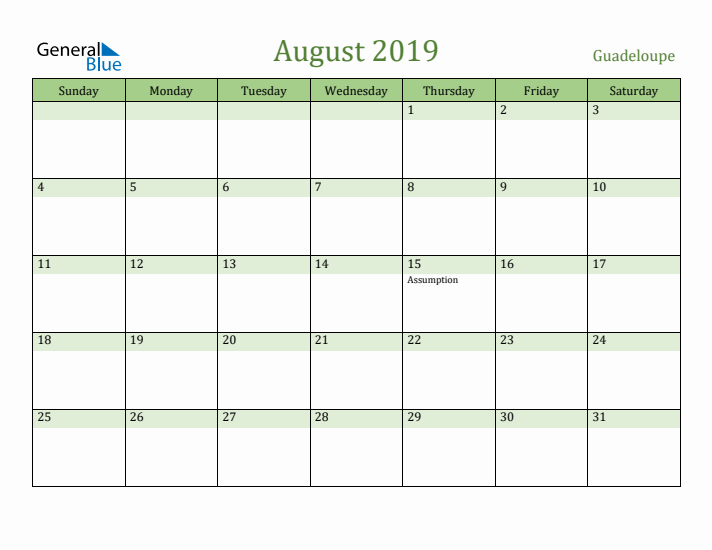 August 2019 Calendar with Guadeloupe Holidays