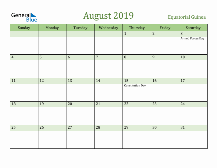 August 2019 Calendar with Equatorial Guinea Holidays