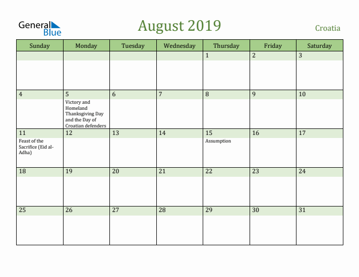 August 2019 Calendar with Croatia Holidays