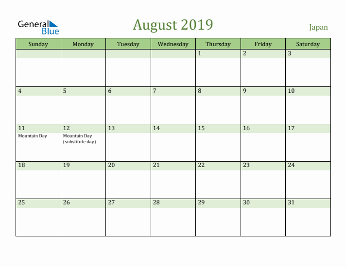 August 2019 Calendar with Japan Holidays
