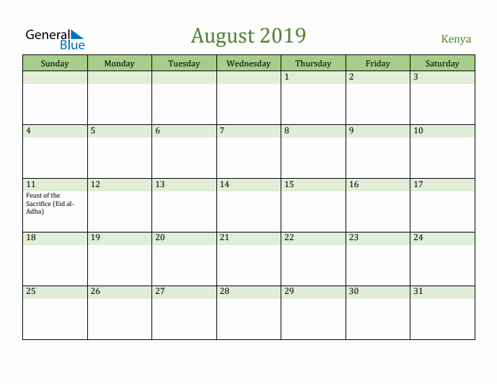 August 2019 Calendar with Kenya Holidays