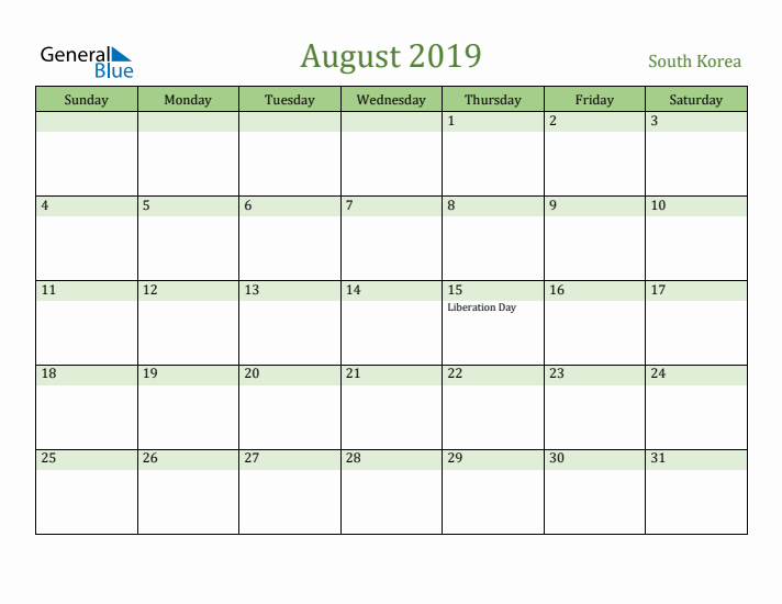 August 2019 Calendar with South Korea Holidays