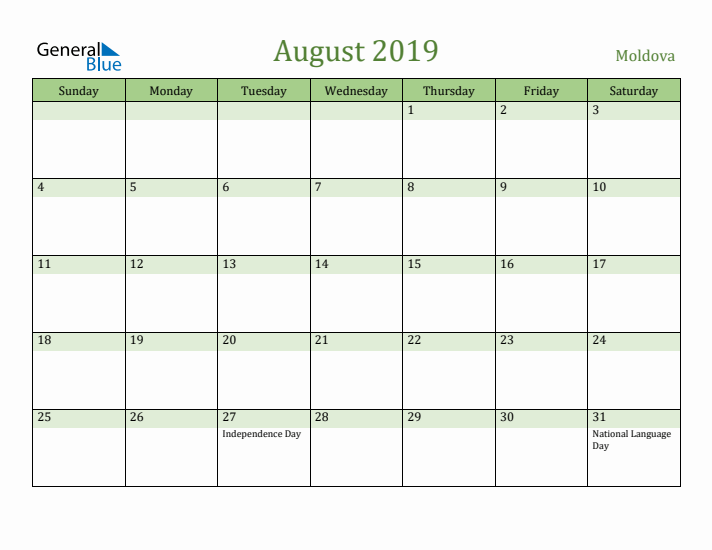 August 2019 Calendar with Moldova Holidays