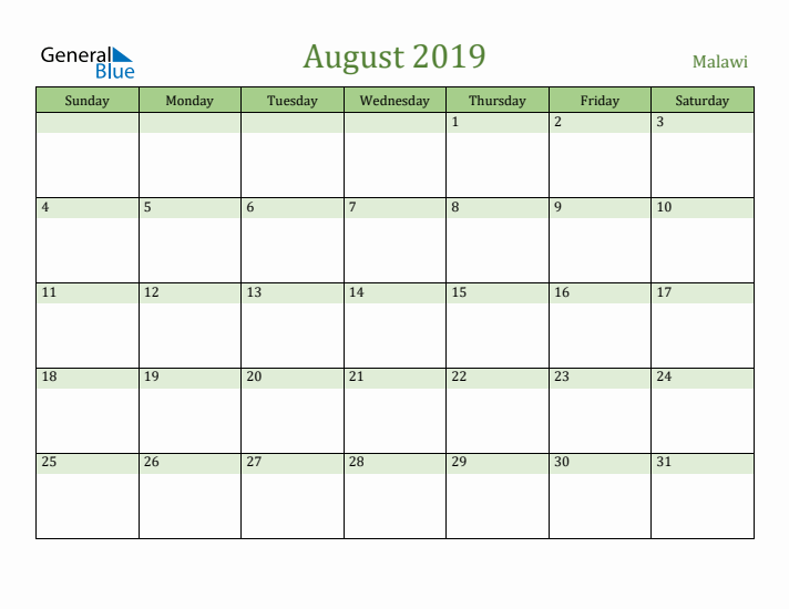 August 2019 Calendar with Malawi Holidays