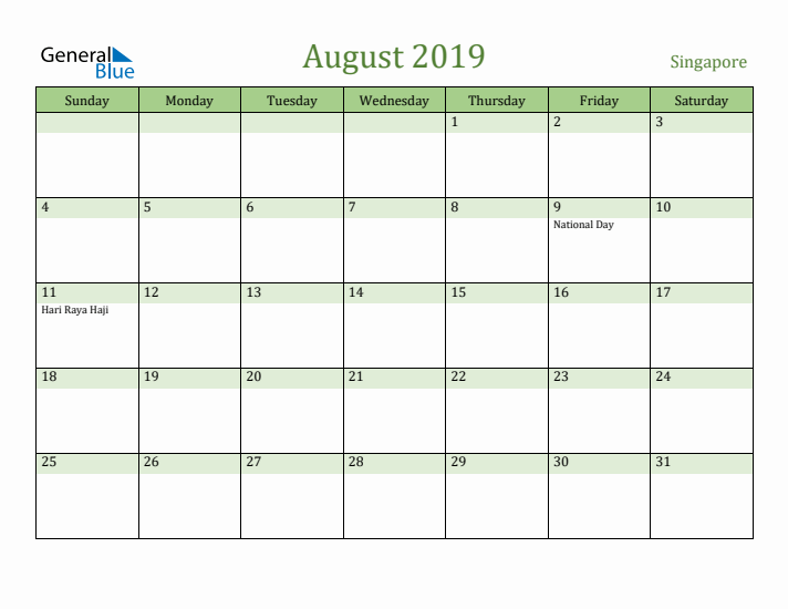 August 2019 Calendar with Singapore Holidays