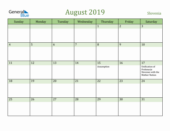 August 2019 Calendar with Slovenia Holidays