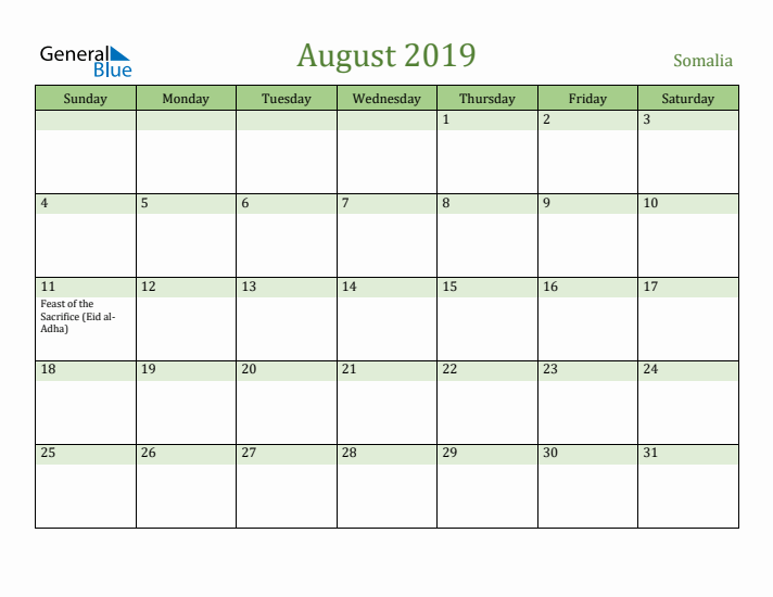 August 2019 Calendar with Somalia Holidays