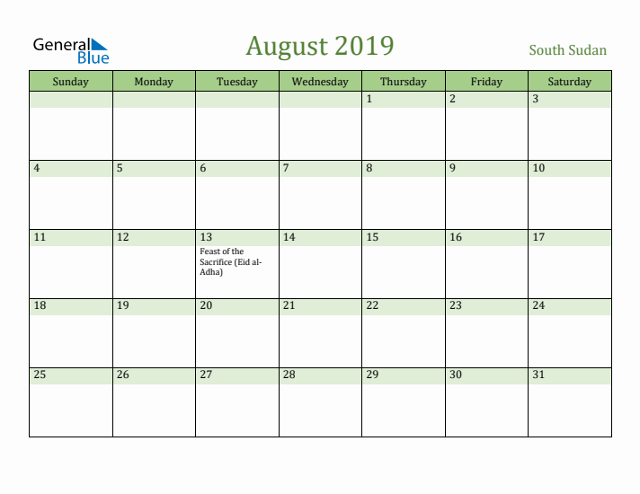 August 2019 Calendar with South Sudan Holidays