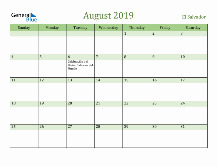 August 2019 Calendar with El Salvador Holidays