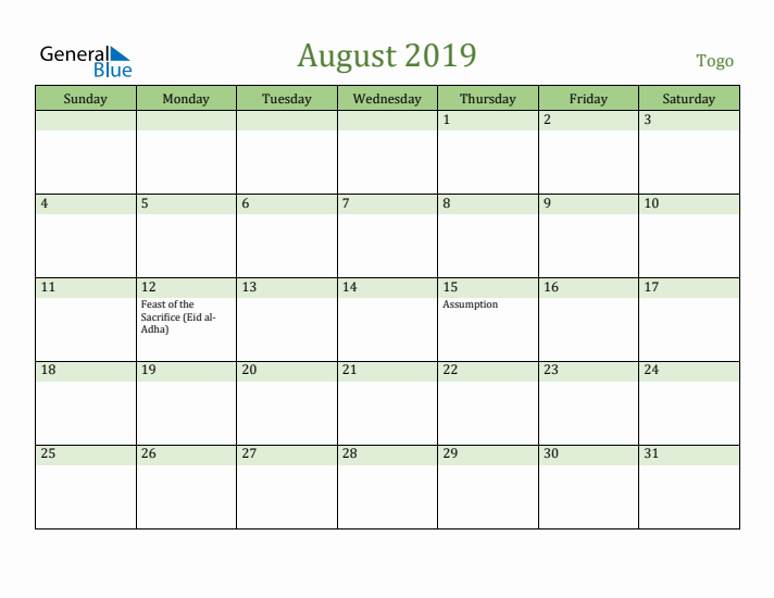 August 2019 Calendar with Togo Holidays