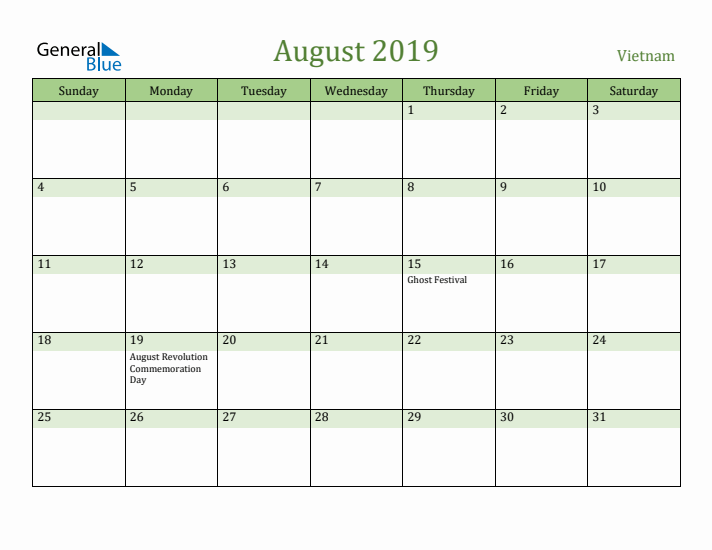 August 2019 Calendar with Vietnam Holidays