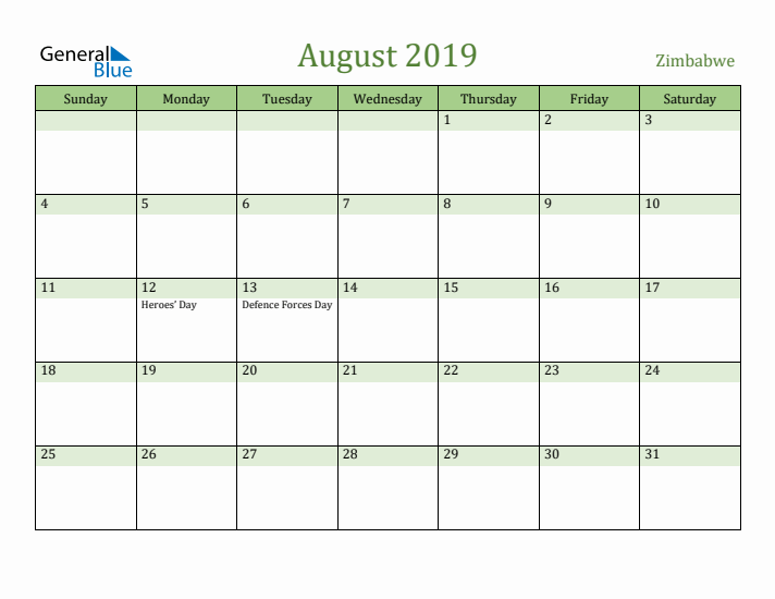 August 2019 Calendar with Zimbabwe Holidays