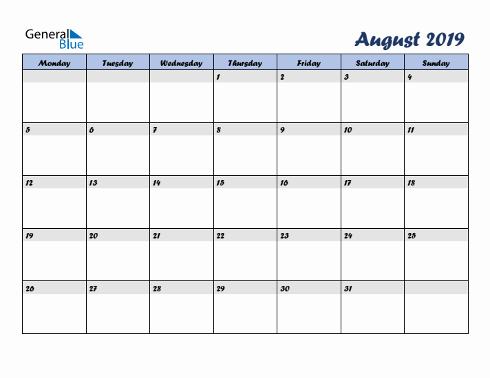 August 2019 Blue Calendar (Monday Start)