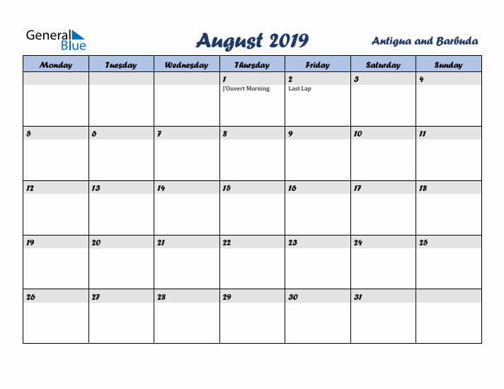 August 2019 Calendar with Holidays in Antigua and Barbuda