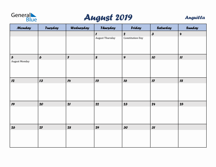 August 2019 Calendar with Holidays in Anguilla