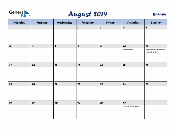 August 2019 Calendar with Holidays in Bahrain